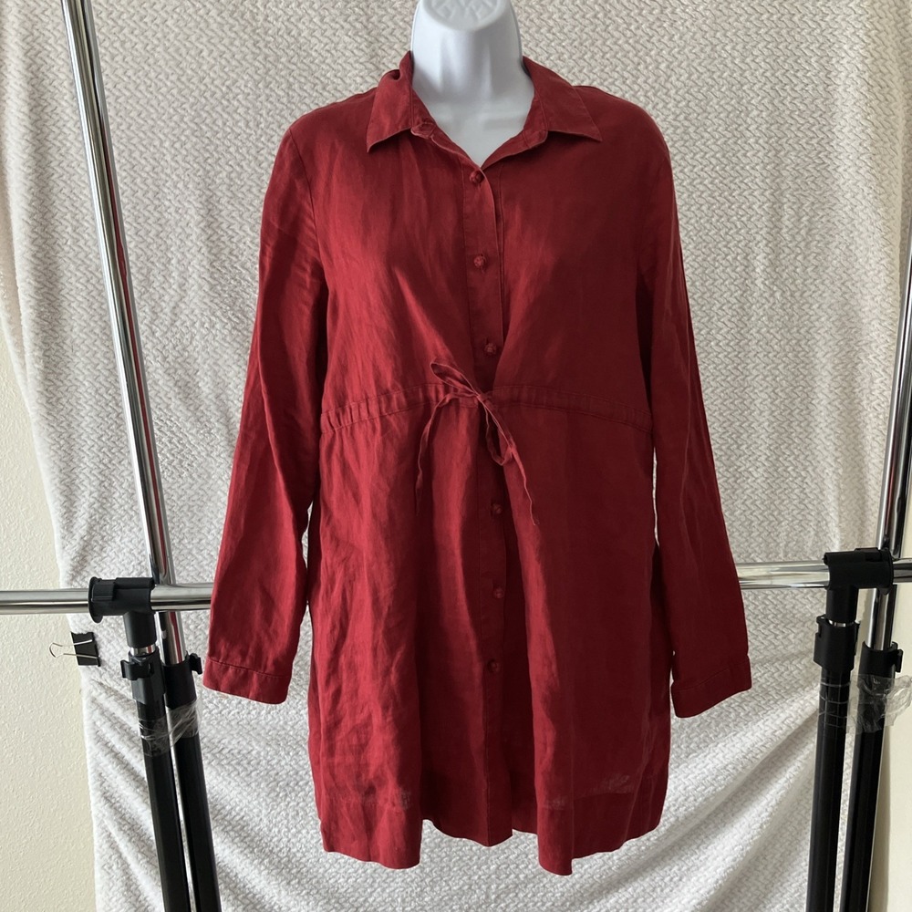 J Jill 100% Linen Shirt Top Small Red Button Up Belt Long Length Lagenlook Coast